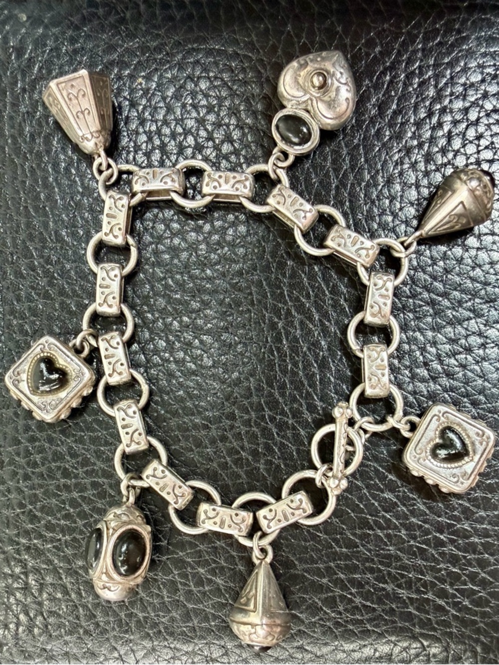 Brighton Vintage Heart Link Chain Charm Bracelet Silver Scrolled - Retired